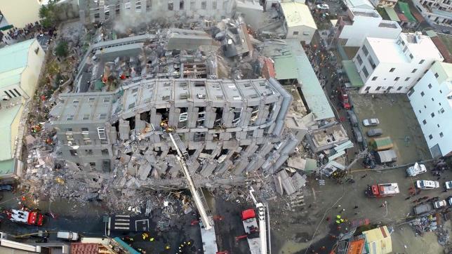 Aerial picture of a site where buildings collapsed after a powerful earthquake hit Tainan, southern Taiwan